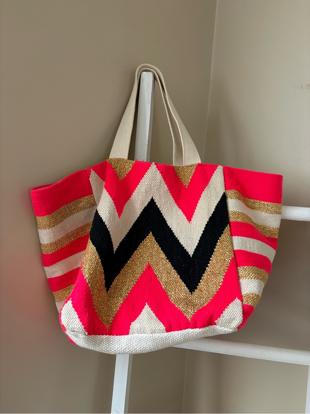 lovestitch Hot Pink, Black & Gold Chevron Canvas Tote